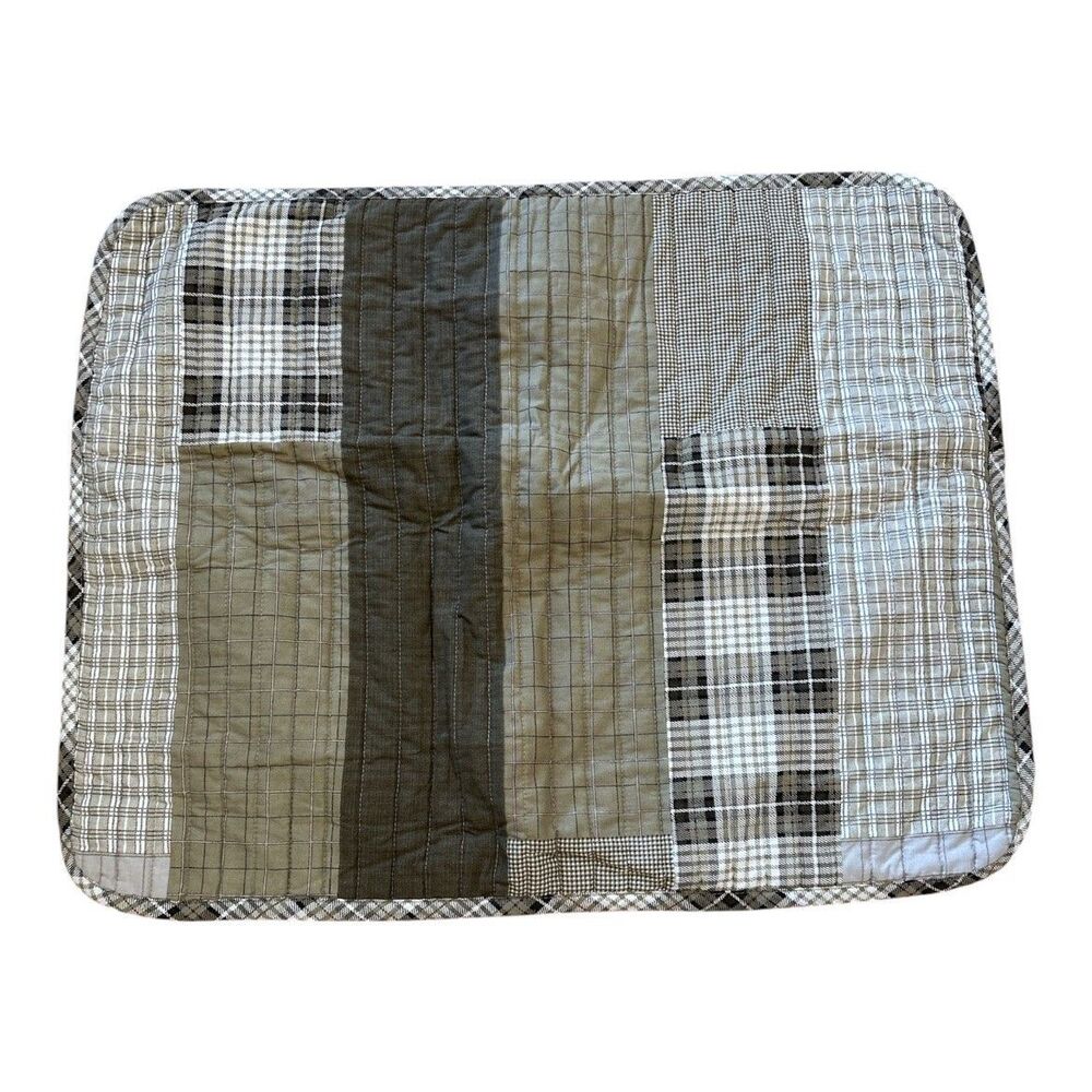 Eddie Bauer Home Quilted Pillow Sham Patchwork Plaid Brown Gray Cotton 26x21